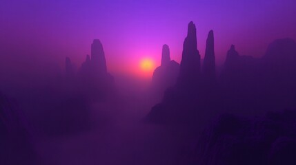 Purple sunset over misty mountains.