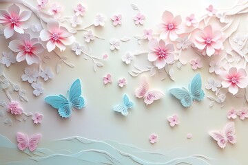 delicate paper-cut cherry blossoms and butterflies in pastel colors creating dimensional layered spring scene