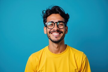Obraz premium Cheerful young adult male with dark hair wearing glasses and a yellow shirt against a vibrant blue background, showcasing a bright and engaging smile