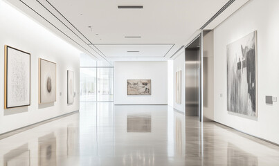Expansive elevator gracefully traversing art museum interior with pristine white walls and timeless modern elegance