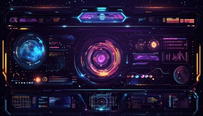Futuristic interface featuring vibrant colors, data visuals, and advanced digital elements for tech enthusiasts and designers.