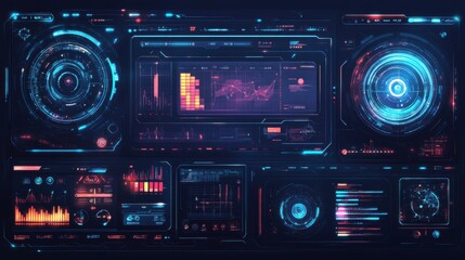 Fototapeta premium Futuristic digital interface with graphs, charts, and vibrant colors showcasing data analytics in a sleek design.