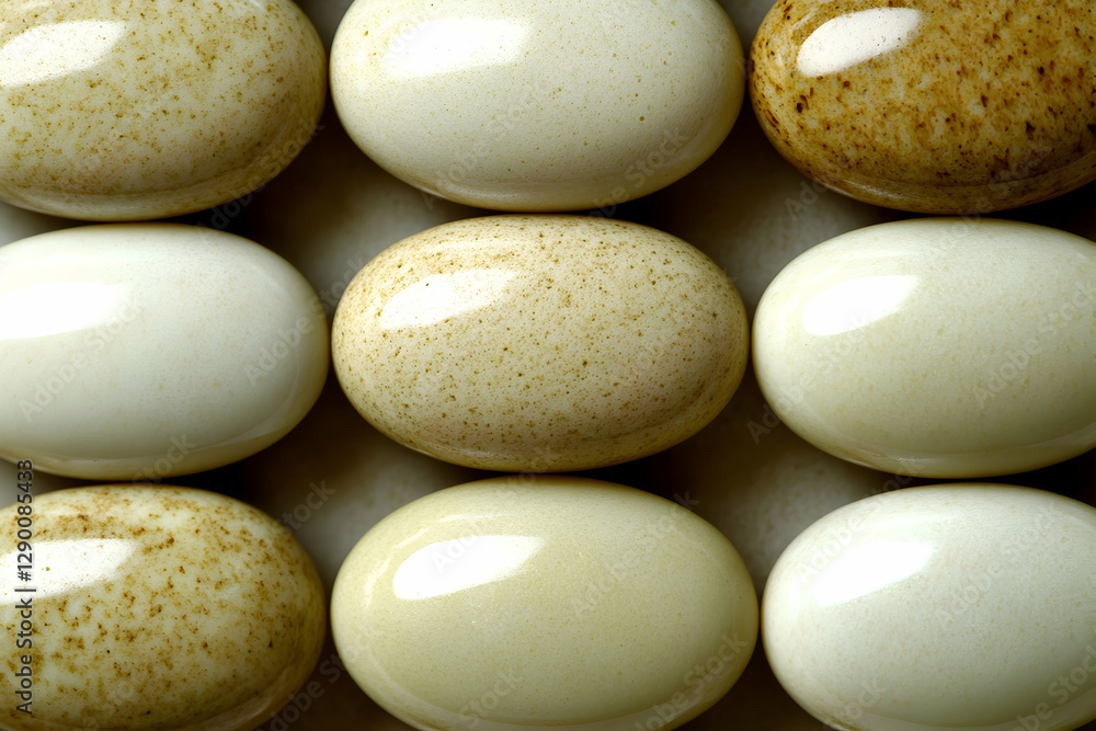 Poster nine speckled eggs arranged in a grid pattern, showcasing variations in shell color and texture. a c