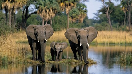 African elephant family by waterhole.