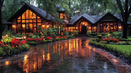Obraz premium Luxurious house, rain-lit driveway, garden, night