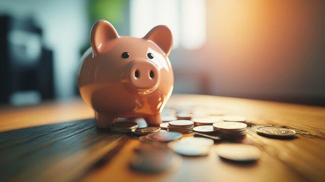 Piggy bank surrounded by scattered coins symbolizes saving and financial growth.
