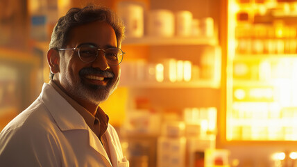 Obraz premium senior indian pharmacist standing at store