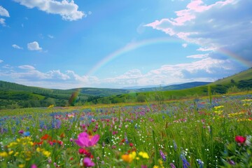 Fototapeta premium Magical green spring landscape with colorful rainbow meadow flower sky.