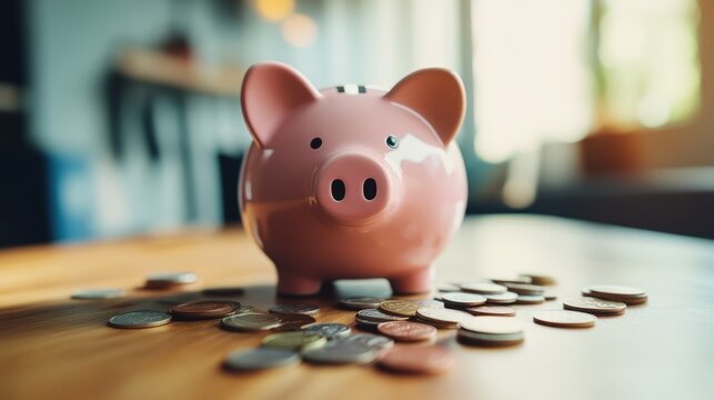 Piggy bank surrounded by scattered coins symbolizes saving and financial growth.
