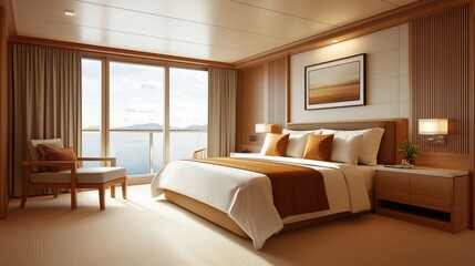 Fototapeta premium Cozy Modern Bedroom with Scenic View, Warm Color Palette, Large Windows, and Elegant Furniture - Perfect for Home Interior Inspiration