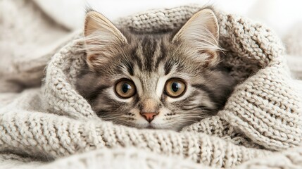 Adorable Gray Cat Peeking from Cozy Knit Blanket with Brown Eyes