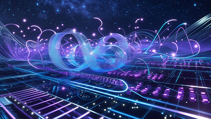 Obraz premium Blockchain data fields. Network line connect stream waves, created by generative ai
