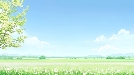Obraz premium Spring Landscape with White Flowers and Green Field under a Blue Sky