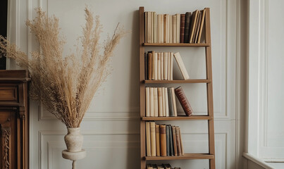 Wooden ladder-style bookrack leaning against wall, combining rustic charm with modern design for stylish organization