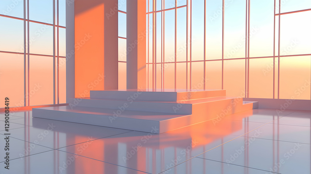 Poster serene sunrise illuminating minimalist three-tiered platform in modern architecture with expansive w