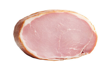 Piece of ham is cut in half and is displayed on a white background, isolated