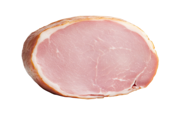 Piece of ham is cut in half and is displayed on a white background, isolated