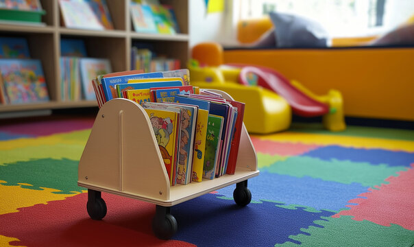 Small portable bookrack on wheels filled with children’s books, inspiring young minds and creative learning