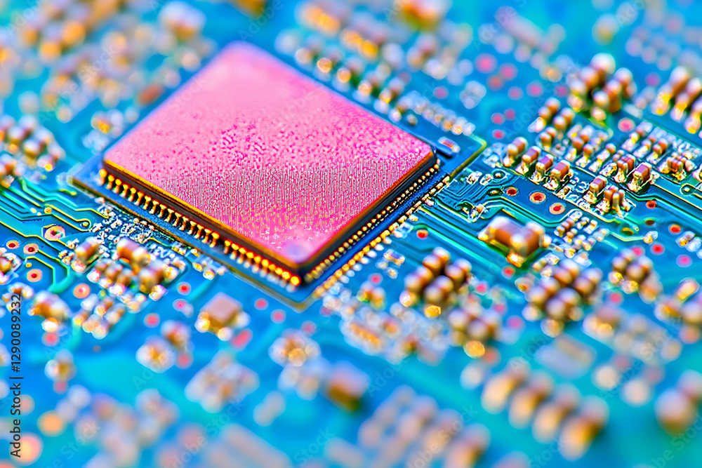 Poster close-up of a vibrant circuit board, showcasing intricate electronic components and a central pink p