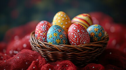 Fototapeta premium painted easter eggs in a wicker basket on a red cloth