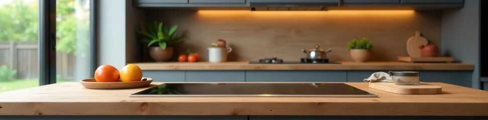 Rustic wood tabletop, sleek built-in hob; soft-focus kitchen shelving ,  hob,  close-up