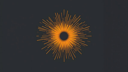 Striking burst of orange rays radiates from a central black circle, creating a dynamic and energetic visual effect.