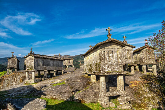 The communitarian granaries, called espigueiros, in the village of Soajo, Peneda National Park, Northern Portugal