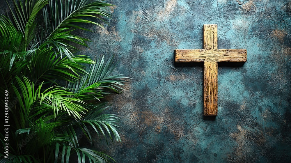 Poster palm sunday cross and palm leaf with copy space christian feast