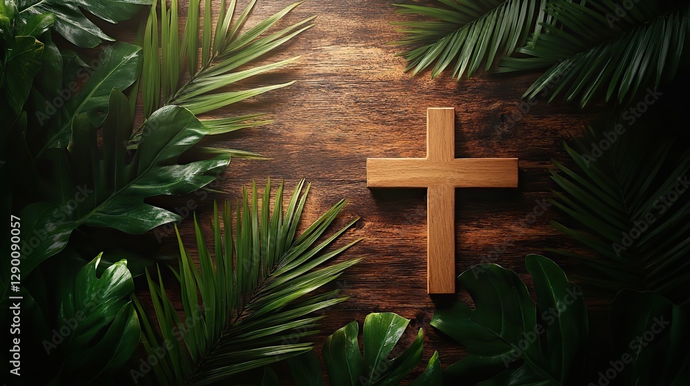 Poster palm sunday cross and palm leaf with copy space christian feast