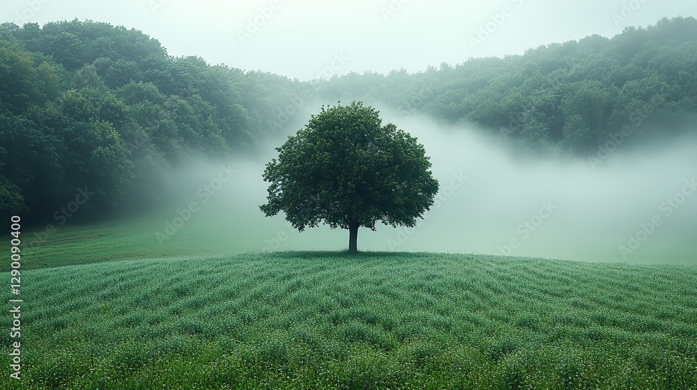 Poster panoramic view of a field with a lonely tree in the middle misty horizon tranquil countryside