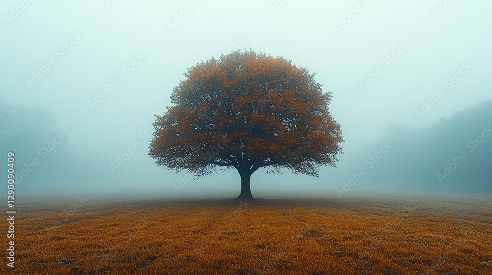 Poster panoramic view of a field with a lonely tree in the middle misty horizon tranquil countryside