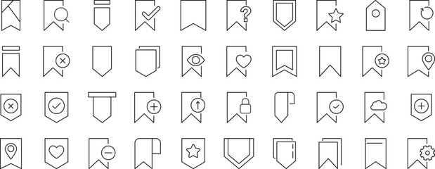 Collection of Icons of Bookmark for Shops and Stores. Suitable for books, stores, shops. Editable stroke in minimalistic outline style. Symbol for design