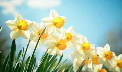 Fototapeta premium Lively group of daffodils blooming vibrantly in early spring, heralding nature’s renewal and cheerful optimism