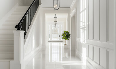 Bright and spacious hallway featuring white walls with elegant hanging pendant lights for modern style