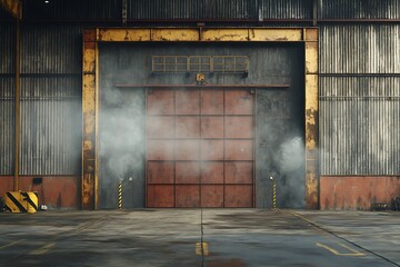 Naklejka premium Industrial warehouse, smoky door, grunge
