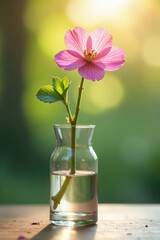 Single stem of blossoming flower in stemmed glass, sunlit backdrop , simple, fresh