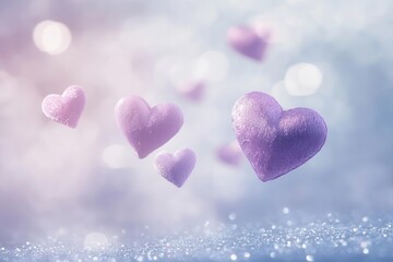 Obraz premium drifting pink and lavender hearts floating over a shimmering silver plane, glowing softly under a twilight haze, evoking dreamy romance.