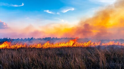 Obraz premium Fiery sunset wildfire burning dry grass.