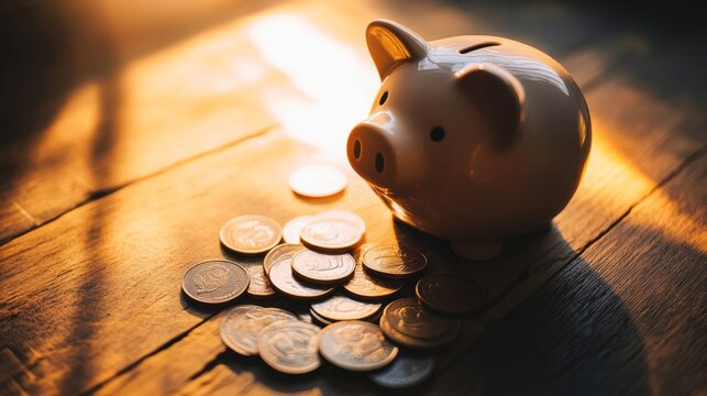 Piggy bank surrounded by scattered coins symbolizes saving and financial growth.
