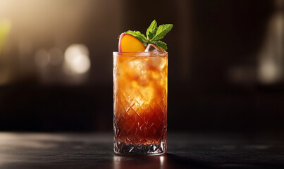 Refreshing glass of peach iced tea garnished with vibrant colors for invigorating summer beverage imagery