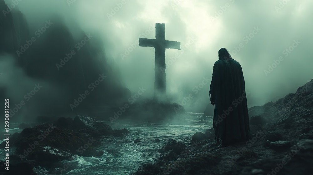 Poster path to enlightenment cross standing tall amidst a misty shore the silhouette of a man is staring at