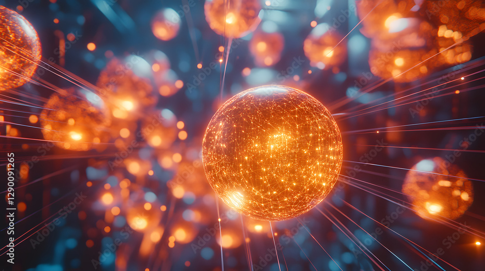 Poster sphere illuminated by numerous bright lights creating a glowing effect in a dark background