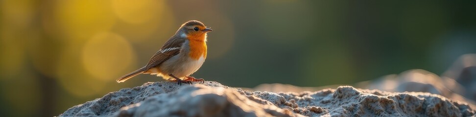 Small bird rests on rugged rock, sunlit feathers , nature, summer, spring