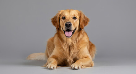Happy Golden Retriever Dog Lying Down Studio Shot Pet Animal Portrait
