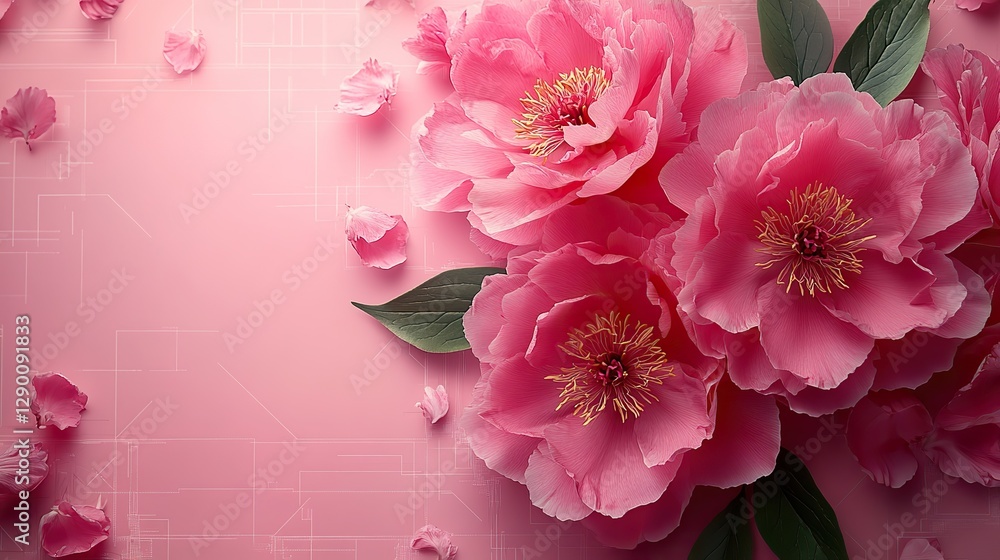Poster peonies flower design on a pink background with architectural blueprint elements symbolizing growth and innovation in technology engineering or architecture