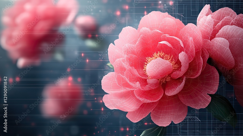 Aufkleber peonies flower design on a pink background with architectural blueprint elements symbolizing growth and innovation in technology engineering or architecture