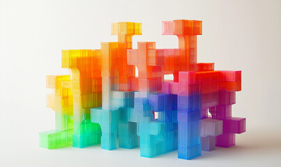 Obraz premium 3D set of plastic building blocks in rainbow hues, showcasing playful design and vibrant construction toys