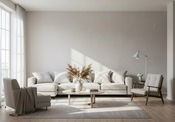 Bright Minimalist Living Room with Beige Sofa and Sunlight