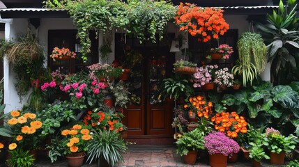 Colorful flowers and plants adorn a house entrance.