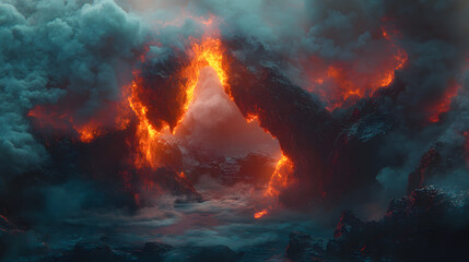 Fototapeta premium Large lava flow with molten lava and lava rocks in the center of the scene